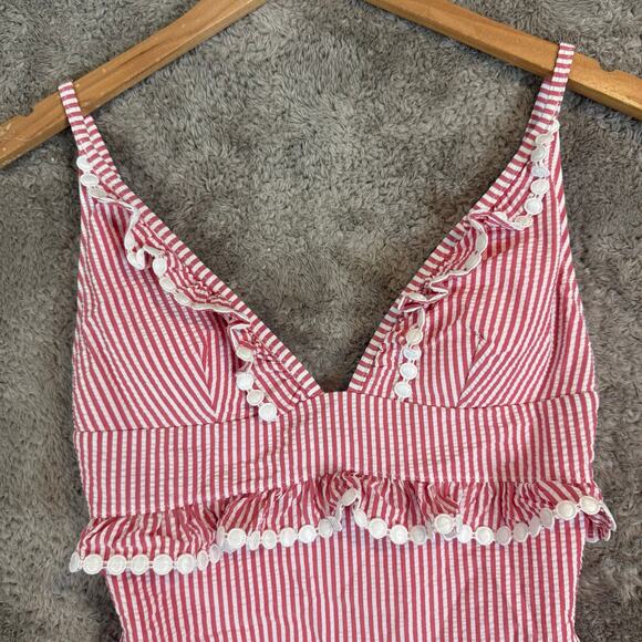 J. Crew Ruffle One Piece Swimsuit Seersucker Red Pink White Stripe 2 XS - Picture 7 of 15